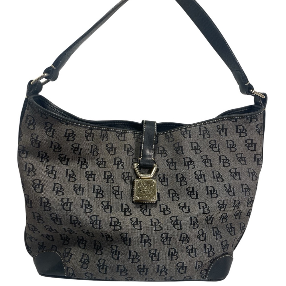 Vintage Dooney & Bourke Signature Monogram Black Brown Hobo Bag Gold Hardware